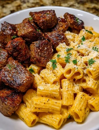 Cajun steak tips served with creamy Parmesan rigatoni on a plate