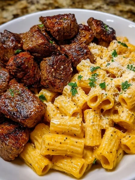 Cajun steak tips served with creamy Parmesan rigatoni on a plate