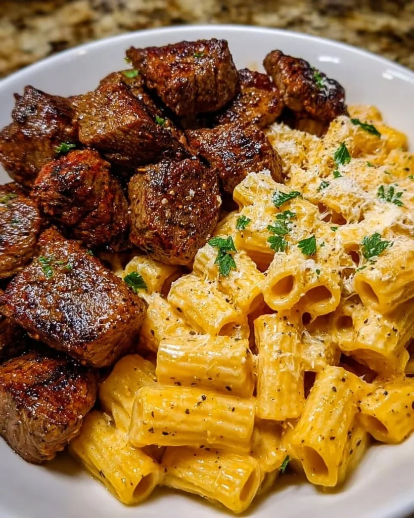 Cajun steak tips served with creamy Parmesan rigatoni on a plate