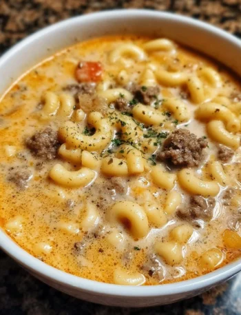 Bowl of creamy cheeseburger macaroni soup topped with cheese and herbs