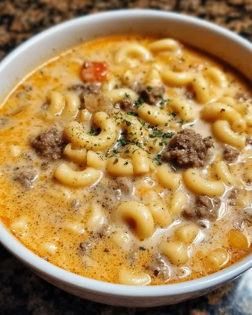 Bowl of creamy cheeseburger macaroni soup topped with cheese and herbs
