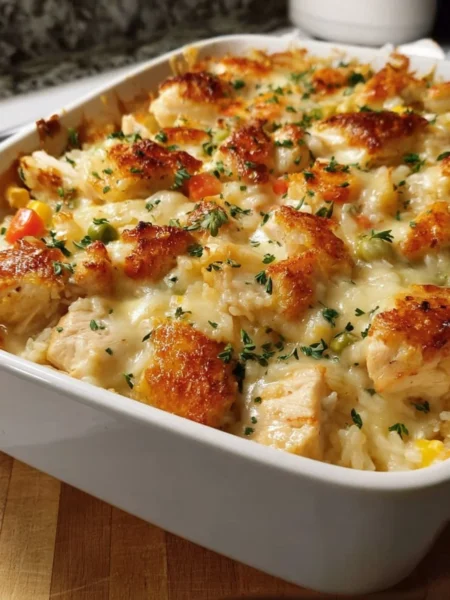 Cheesy Chicken Casserole topped with melted cheese and herbs in a baking dish