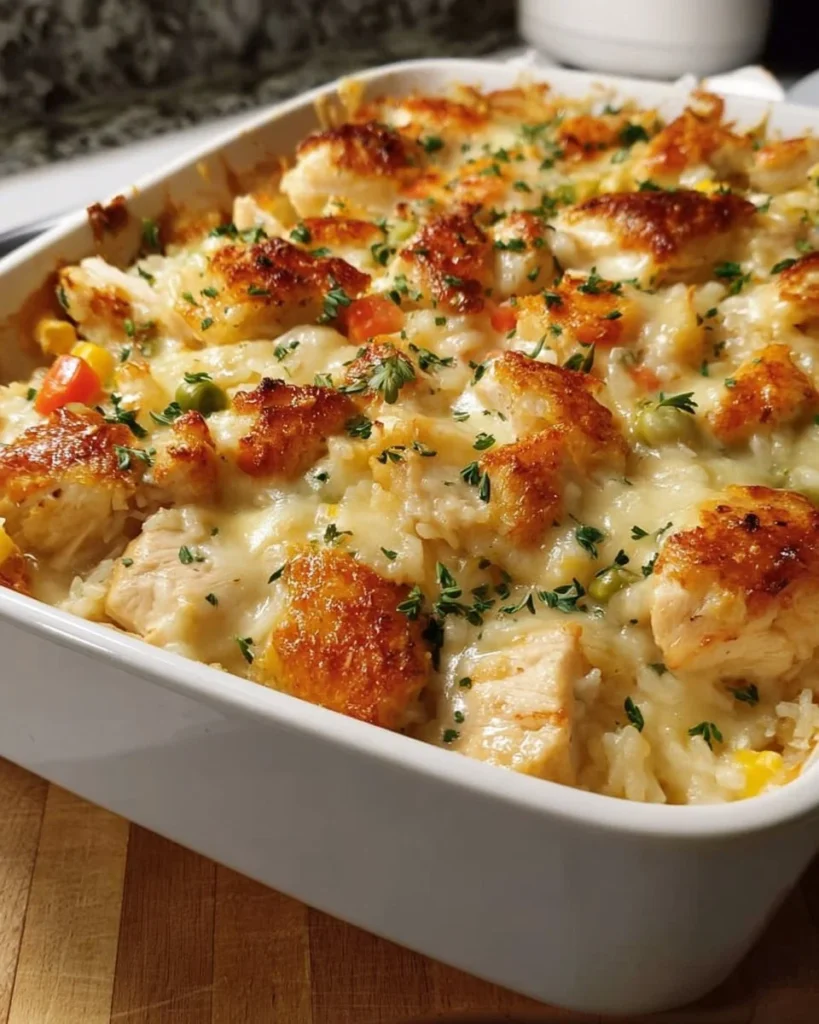 Cheesy Chicken Casserole topped with melted cheese and herbs in a baking dish