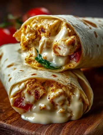Cheesy garlic chicken wraps served on a plate with fresh ingredients