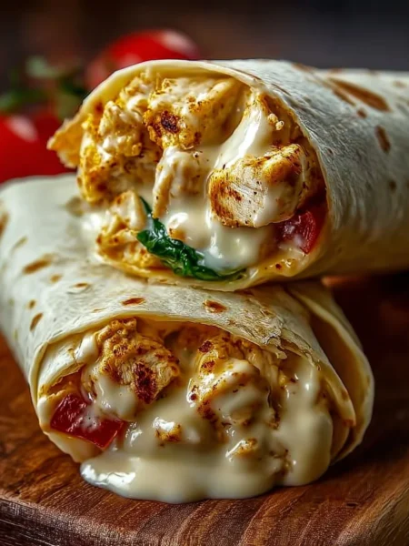 Cheesy garlic chicken wraps served on a plate with fresh ingredients