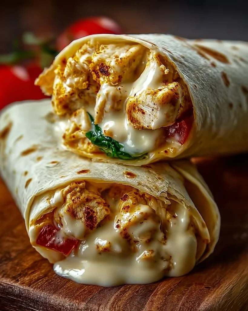 Cheesy garlic chicken wraps served on a plate with fresh ingredients