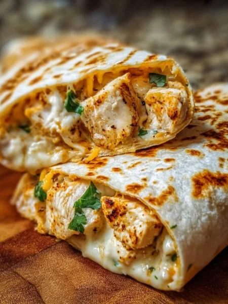 Cheesy garlic chicken wraps filled with tender chicken and melted cheese