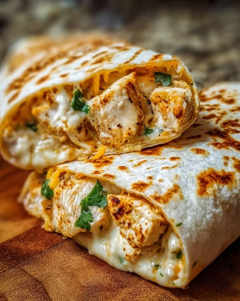 Cheesy garlic chicken wraps filled with tender chicken and melted cheese