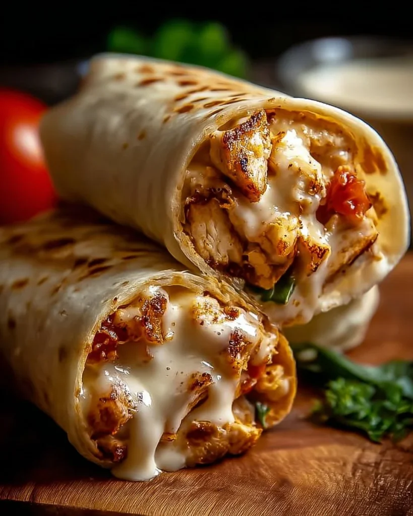 Delicious cheesy garlic chicken wraps on a plate