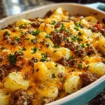 Delicious cheesy ground beef and potato casserole in a baking dish