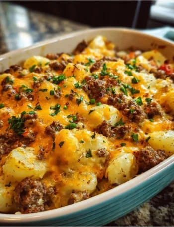 Delicious cheesy ground beef and potato casserole in a baking dish