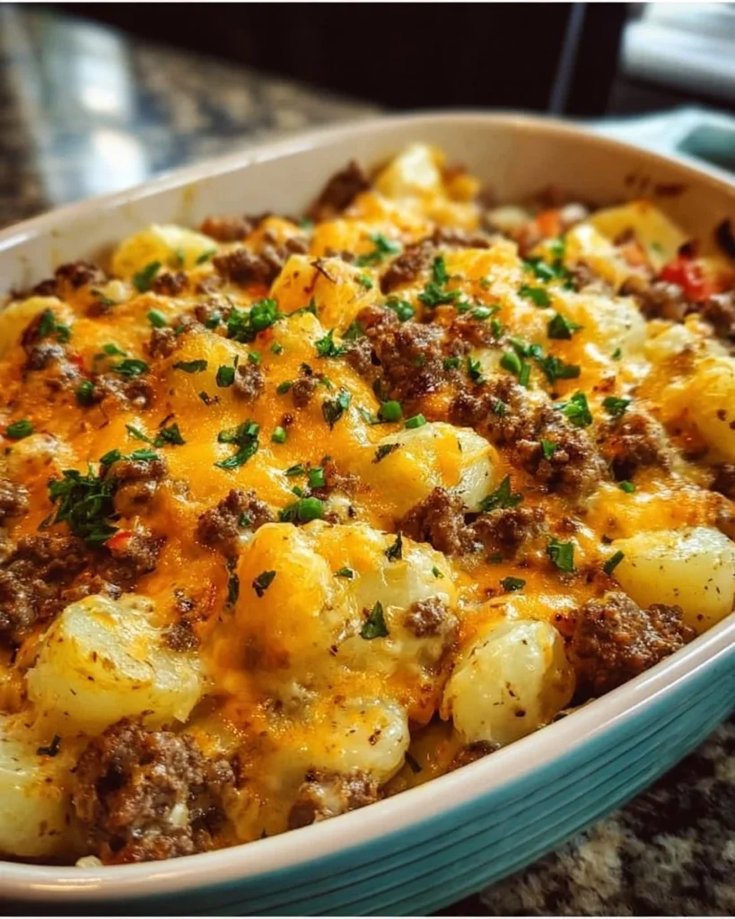 Delicious cheesy ground beef and potato casserole in a baking dish