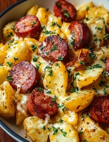 Cheesy ranch potatoes with smoked sausage served in a bowl