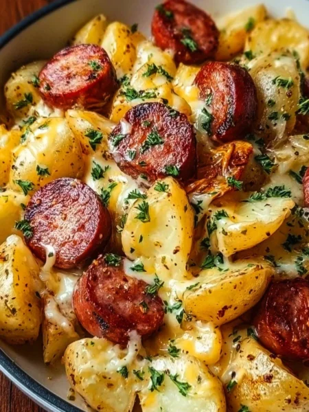 Cheesy ranch potatoes with smoked sausage served in a bowl
