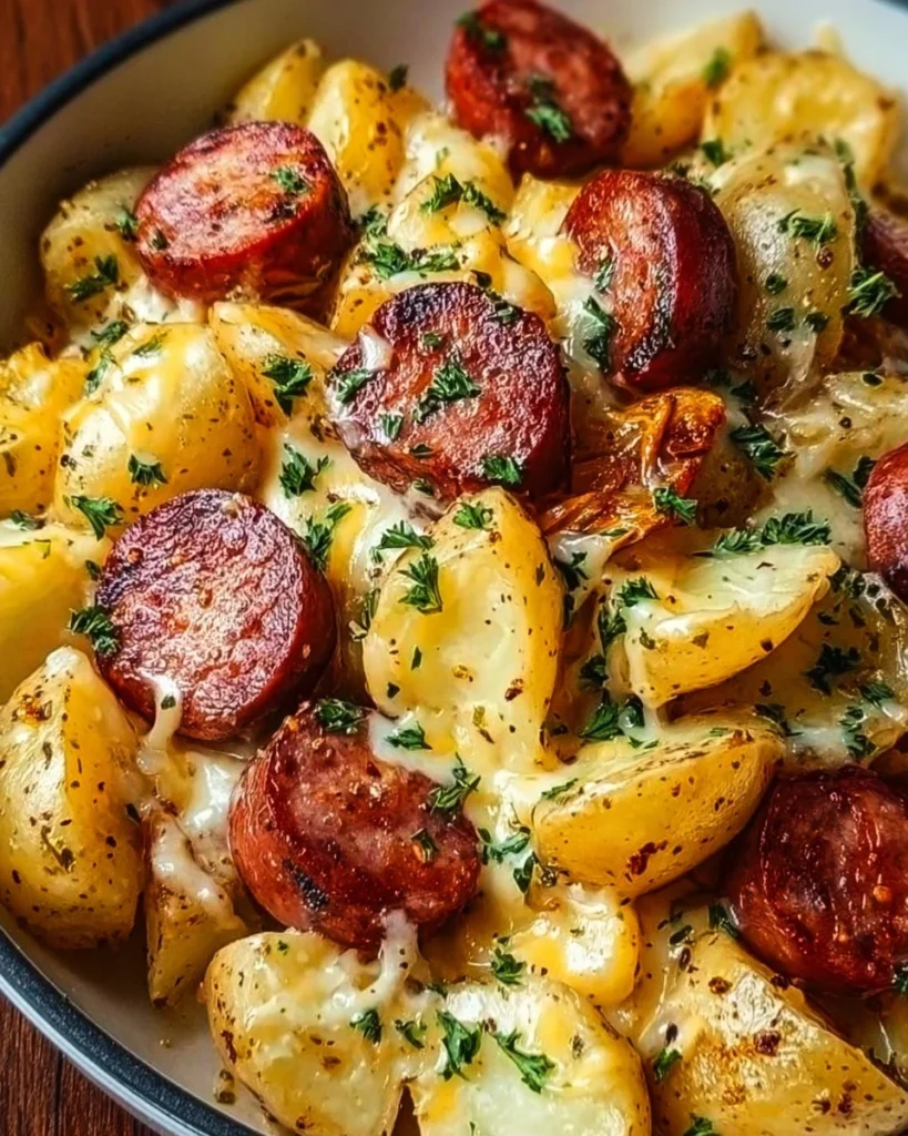 Cheesy ranch potatoes with smoked sausage served in a bowl