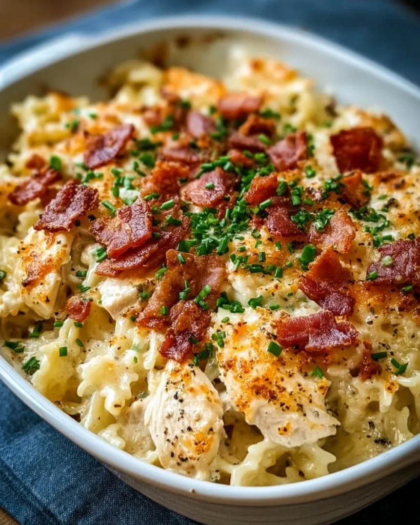 Delicious Chicken Bacon Ranch Casserole served in a baking dish