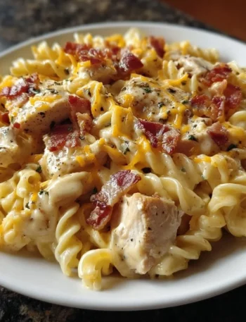 Creamy Chicken Bacon Ranch Pasta in a bowl topped with parsley