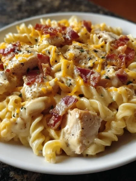 Creamy Chicken Bacon Ranch Pasta in a bowl topped with parsley