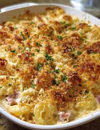 Delicious Chicken Cordon Bleu Casserole topped with cheese and herbs