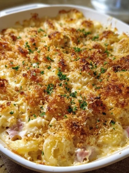 Delicious Chicken Cordon Bleu Casserole topped with cheese and herbs