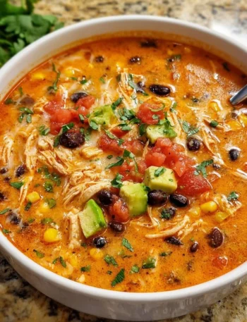 Bowl of flavorful Chicken Enchilada Soup topped with cheese and cilantro