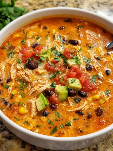 Bowl of flavorful Chicken Enchilada Soup topped with cheese and cilantro
