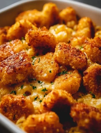 Delicious Chicken Nugget Casserole fresh out of the oven with melted cheese