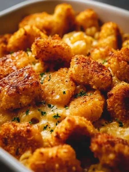 Delicious Chicken Nugget Casserole fresh out of the oven with melted cheese