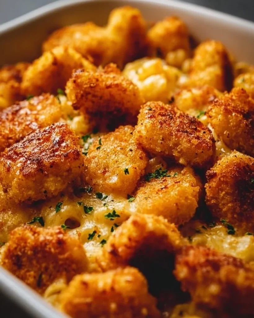 Delicious Chicken Nugget Casserole fresh out of the oven with melted cheese