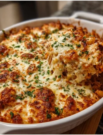 Delicious Chicken Parmesan Casserole topped with cheese and herbs