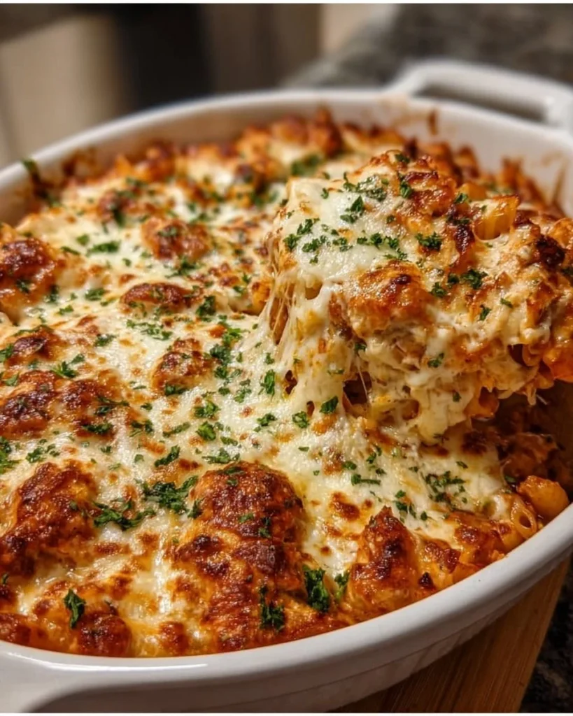 Delicious Chicken Parmesan Casserole topped with cheese and herbs