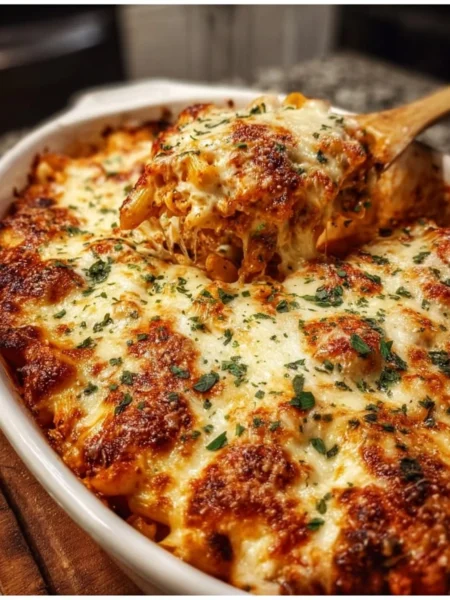 Homemade Chicken Parmesan Casserole topped with cheese and herbs
