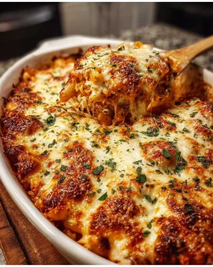 Homemade Chicken Parmesan Casserole topped with cheese and herbs