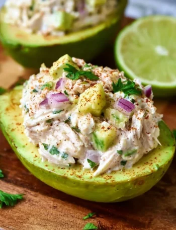 Chicken salad stuffed avocado recipe with fresh ingredients and garnished