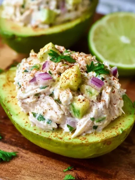Chicken salad stuffed avocado recipe with fresh ingredients and garnished