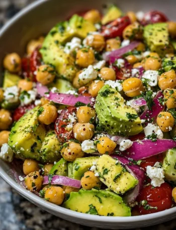 Chickpea Feta Avocado Salad topped with fresh ingredients in a bowl.