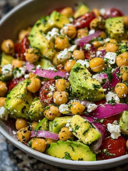 Chickpea Feta Avocado Salad topped with fresh ingredients in a bowl.