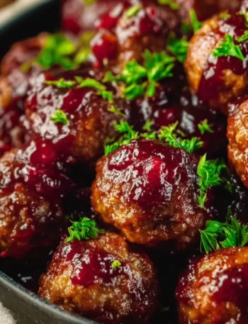 Plate of delicious Christmas Cranberry Meatballs garnished with herbs.
