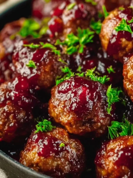 Plate of delicious Christmas Cranberry Meatballs garnished with herbs.