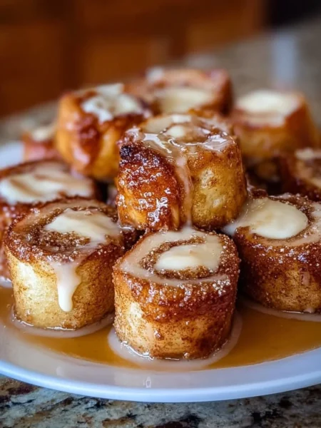 Plate of delicious Cinnamon Roll French Toast Bites topped with icing