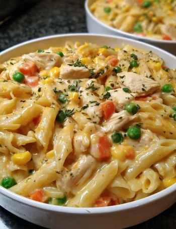 Classic Chicken Pot Pie Pasta served in a bowl with creamy sauce and vegetables