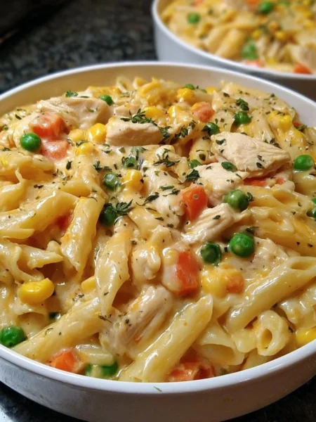 Classic Chicken Pot Pie Pasta served in a bowl with creamy sauce and vegetables