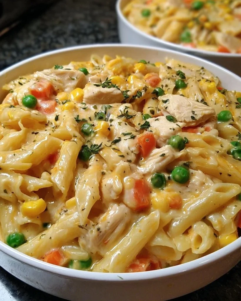 Classic Chicken Pot Pie Pasta served in a bowl with creamy sauce and vegetables
