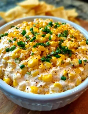 Delicious and creamy corn dip served in a bowl with tortilla chips