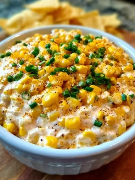 Delicious and creamy corn dip served in a bowl with tortilla chips