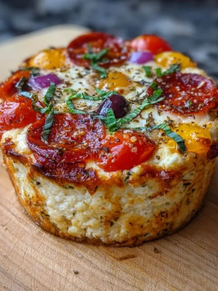 Healthy cottage cheese pizza bowl topped with fresh ingredients