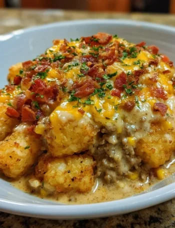 Delicious Cowboy Casserole prepared with ground beef, corn, and cheese.