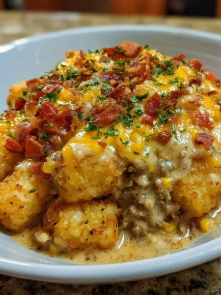 Delicious Cowboy Casserole prepared with ground beef, corn, and cheese.