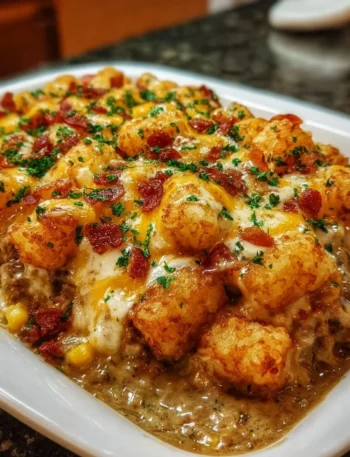 Delicious Cowboy Casserole baked in a rustic dish, ready to serve.