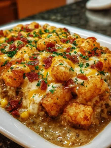 Delicious Cowboy Casserole baked in a rustic dish, ready to serve.